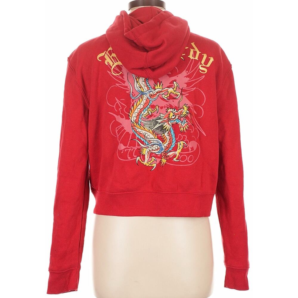 ED HARDY Vintage Dragon Zip Crop Hoodie Red Gold Graphic Y2K Streetwear Size L - Picture 4 of 10